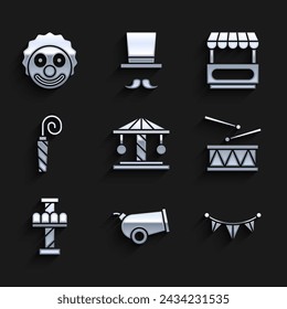 Set Attraktion Karussell, Kanone, Karneval Girlande mit Fahnen, Drum Drum Sticks, Geburtstagsparty Horn, Fast Street Food Wagen und Clown Kopf Ikone. Vektor