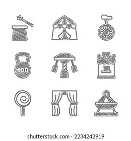 Set Attraction carousel, Circus curtain raises, Boat swing, Ticket box office, Lollipop, Weight, Unicycle or one wheel bicycle and Magic hat and wand icon. Vector