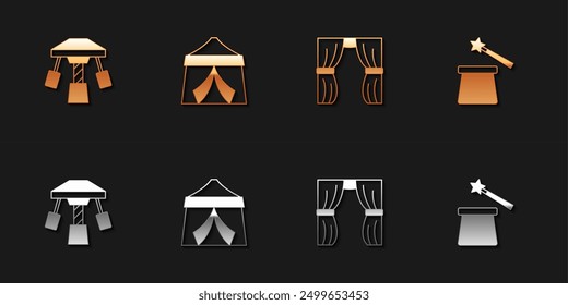 Set Attraction carousel, Circus tent, curtain raises and Magic hat and wand icon. Vector