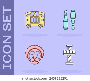 Set Attraction carousel, Circus wagon, Wild lion and Bowling pin icon. Vector