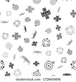 Set Attraction carousel, Classic dart board and arrow, Target sport for shooting competition and Jumping trampoline on seamless pattern. Vector