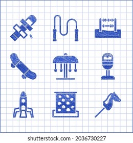 Set Attraction carousel, Climbing wall, Toy horse, Trash can, Rocket ship, Skateboard trick, Abacus and Hopscotch icon. Vector
