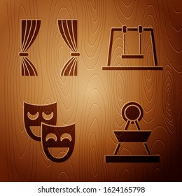 Set Attraction carousel, Curtain, Comedy theatrical masks and Swing on wooden background. Vector