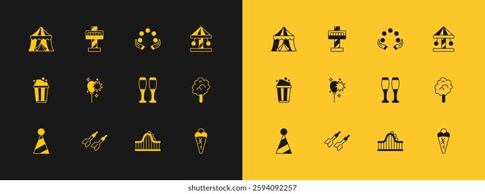 Set Attraction carousel, Dart arrow, Bowling pin, Roller coaster, Balloons with ribbon, Juggling ball, Circus tent and  icon. Vector