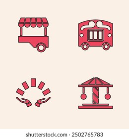 Set Attraction carousel, Fast street food cart, Circus wagon and Hand holding playing cards icon. Vector