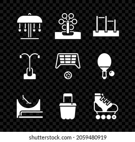 Set Attraction carousel, Ferris wheel, Horizontal bar, Skate park, Sand in bucket, Roller skate, Street light and Soccer goal with ball icon. Vector
