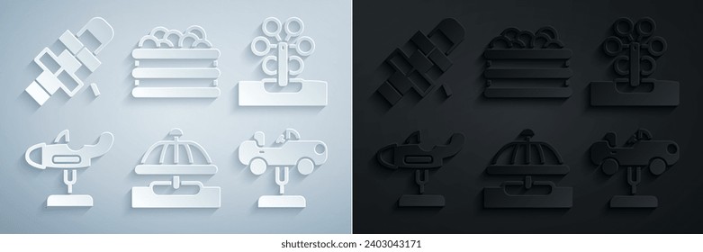 Set Attraction carousel, Ferris wheel, Swing plane, Pool with balls and Hopscotch icon. Vector