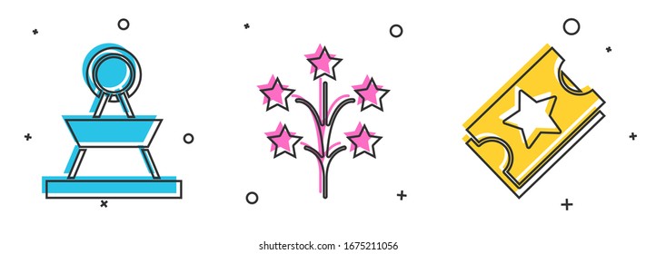 Set Attraction carousel, Fireworks and Ticket icon. Vector