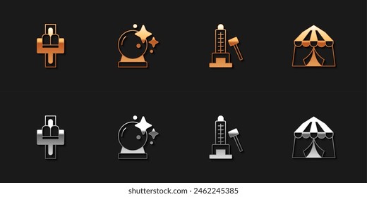 Set Attraktion Karussell, Magic Ball, Striker Attraktion mit Hammer und Zirkus Zelt Ikone. Vektorgrafik