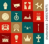 Set Attraction carousel, Magic wand, Magician hat rabbit ears, Circus curtain raises, Unicycle or one wheel bicycle, Beach ball, Ice cream and Bumper icon. Vector