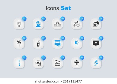Set Attraction carousel, Paper glass with water, Birthday party horn, Firework rocket, Circus tent, Ice cream and Fast street food cart icon. Vector