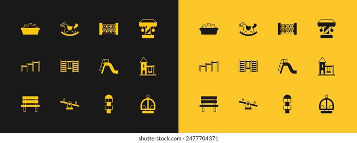 Set Attraction carousel, Seesaw, Slide playground, Hopscotch, Swedish wall, Education logic game, Sandbox with sand and Horse in saddle swing icon. Vector