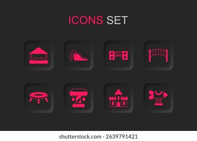Set Attraction carousel, Slide playground, Sandbox with sand, castle, Playground kids bridge, Swing plane,  and Jumping trampoline icon. Vector