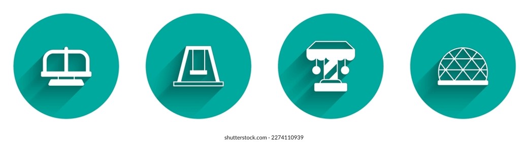 Set Attraction carousel, Swing for kids,  and Playground climbing equipment icon with long shadow. Vector