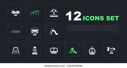 Set Attraction carousel, Swing plane, Slide playground, Education logic game, Rocket ship toy, Sport horizontal bar and  icon. Vector