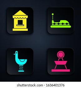 Set Attraction carousel, Ticket box office, Riding kid duck and Bumper car. Black square button. Vector