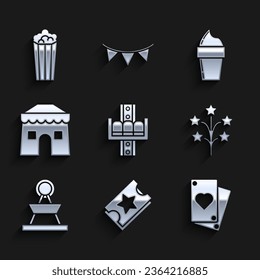 Set Attraction carousel, Ticket, Playing card, Fireworks, Circus tent, Ice cream waffle cone and Popcorn cardboard box icon. Vector