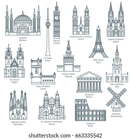 Set Of Attractions Of Europe. Famous European Landmarks Icons. Vector Illustration