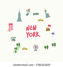 Set of attractions in New York USA. The set includes the famous statue of Liberty with a torch, the Brooklyn Bridge, the Zoo, Central Park, times Square. With the