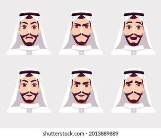 Set of attractive Arab man with different facial expressions. Vector illustration in cartoon style.