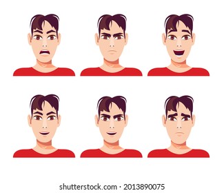 Set of attractive Asian man with different facial expressions. Vector illustration in cartoon style.