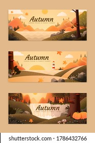 Set of attractive autumn illustration banner with waterfall, forest path and lakeside scenery