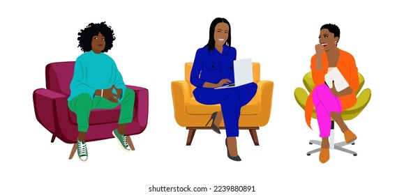 Conjunto de atractivas mujeres de negocios negras sentadas en una silla o sofá. Chicas africanas guapas con negocios formales y un traje informal de oficina inteligente. Ilustración realista vectorial de estilo de caricatura