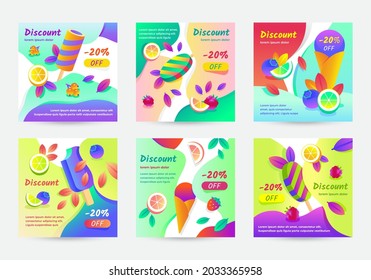 Afiches cuadrados atractivos de descuento con helados, bayas, hojas y frutas sobre fondo abstracto claro
