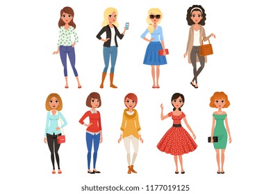 Set of attractive girls in fashionable casual clothes with accessories. Full-length of cartoon female characters with cheerful face expressions. Flat vector design