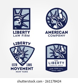 Set of Attractive and Memorable, Solid And Bold Liberty Statue Badges. Conveys such values as Liberty Freedom Justice Truth Equity Pride Honor Patriotism Fairness Dreams Aspirations Ambitions.