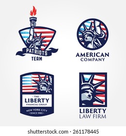 Set of Attractive and Memorable, Solid And Bold Liberty Statue Badges. Conveys such values as Liberty Freedom Justice Truth Equity Pride Honor Patriotism Fairness Dreams Aspirations Ambitions.