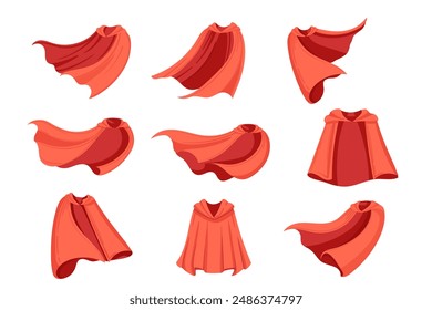 Set of Attractive red cloak flutters in the wind, fastened near the neck vector illustration