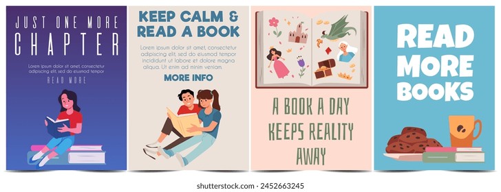 A set of attractive World Book Day posters featuring adorable children's characters and illustrations to promote children's reading. Vector banner with flyers collection with place for text.