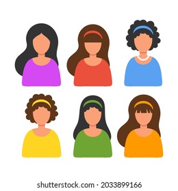 A set of attractive young girls or women with different hairstyles. Femininity concept. Cute characters without faces. Icon, avatar. Simple vector illustration isolated on white background.