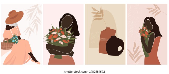 Set attractive young woman in a hat sits with a basket of flowers in a long romantic dress. Modern minimalistic abstract portrait of a dreamy girl for postcard poster, social media, banner. Vector.