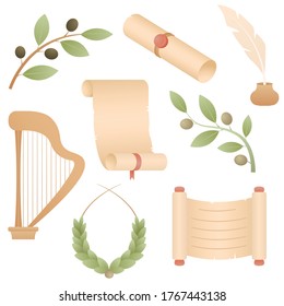 A set of attributes of ancient Rome: several scrolls, harp, olive branch, laurel wreath, feather for writing.