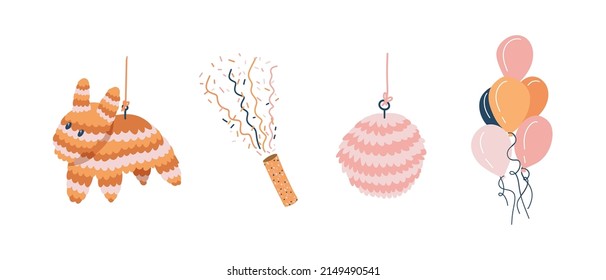 A set of attributes for a birthday pinata, firecracker, balls