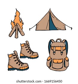 Set of attributes for camping in nature isolated on a white background. Hand drawing. Vector stock illustration.