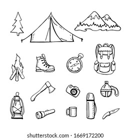 Set of attributes for camping in nature isolated on a white background. Hand drawing outline. Vector stock illustration.