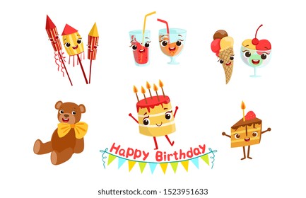 Set of attributes for celebrating a birthday. Vector illustration.