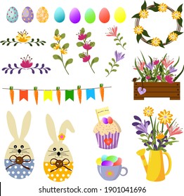 Set with attributes for Easter. Vector illustration with bunny, flowers, Easter eggs and flowers. Use for decor, invitations, packaging and scrapbooking.