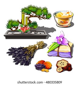 The set of attributes of the Eastern culture. Interior objects and food. Vector illustration.