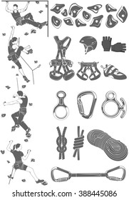 The set of attributes of equipment for climbing, silhouettes the figures of the climbers.Collection of objects for sport competitions of the championship. Set of logos for school and training center.