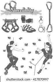 The set of attributes of equipment for climbing, silhouettes the figures of the climbers.Collection of objects for sport competitions of the championship. Set of logos for school and training center.