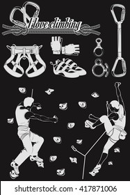 The set of attributes of equipment for climbing, silhouettes the figures of the climbers.Collection of objects for sport competitions of the championship. Set of logos for school and training center.