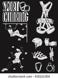 The set of attributes of equipment for climbing, silhouettes the figures of the climbers.Collection of objects for sport competitions of the championship. Set of logos for school and training center.