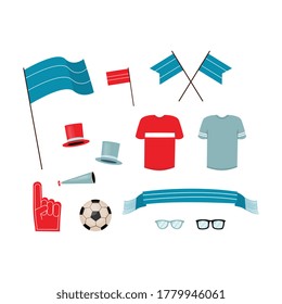 A set of attributes for football fans. Accessories for soccer supporters. Isolated vector symbols for design. Flat illustrations on a white background