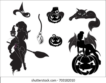 Set of attributes of the holiday Halloween, silhouettes, pumpkin, broom, witch, demon, fairy