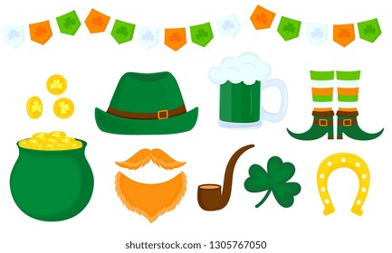 A set of attributes to the Irish national celebration of St. Patrick's Day. Green hat, pot of gold, red leprechaun beard, shamrock, beer mug, horseshoe