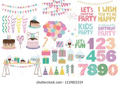 Set of attributes for kids party with decor, food and lettering phrases and numbers. Editable vector illustration